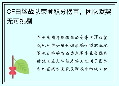 CF白鲨战队荣登积分榜首，团队默契无可挑剔